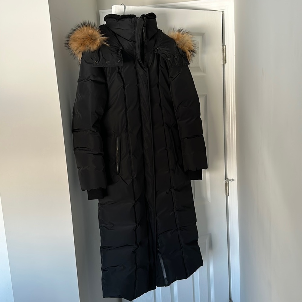 Mackage Jada-Goose Down Long Puffer Coat w/ Fur Trim Hood & Leather